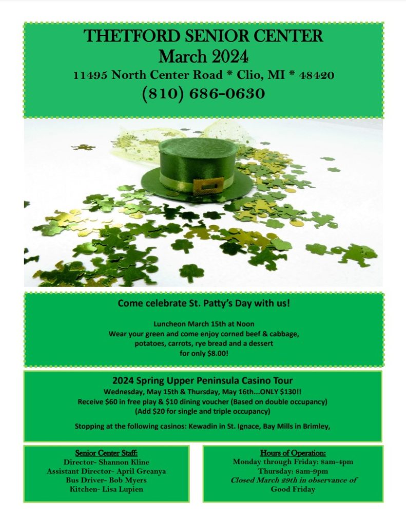 march senior center newsletter first page detailing some events for St. Patty's Day